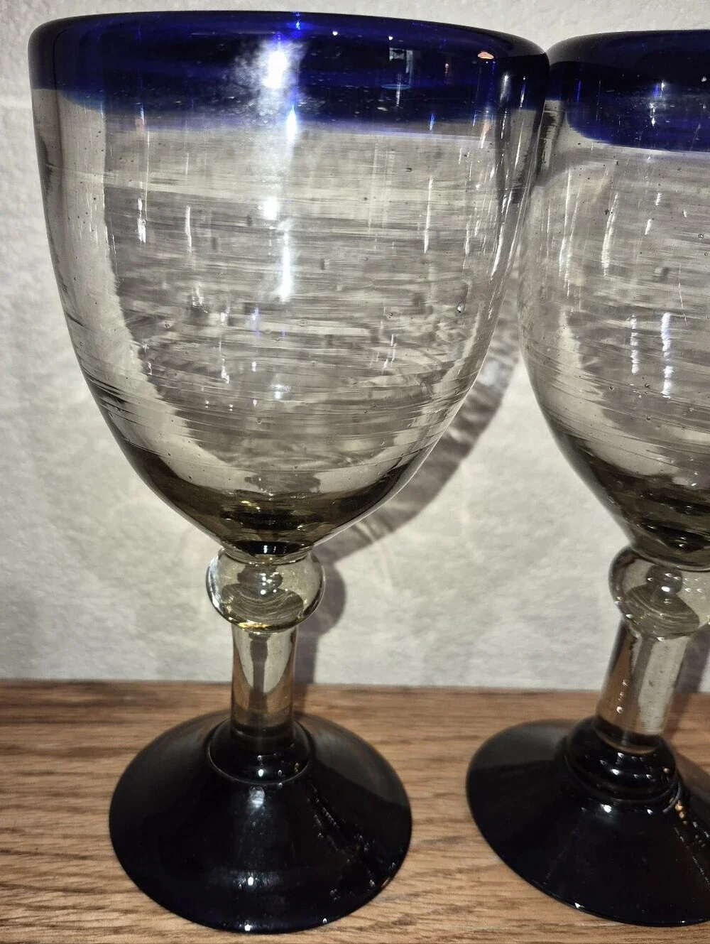 4 Vintage Hand-Blown Mexican Wine glasses featuring Cobalt Blue rims and Bases